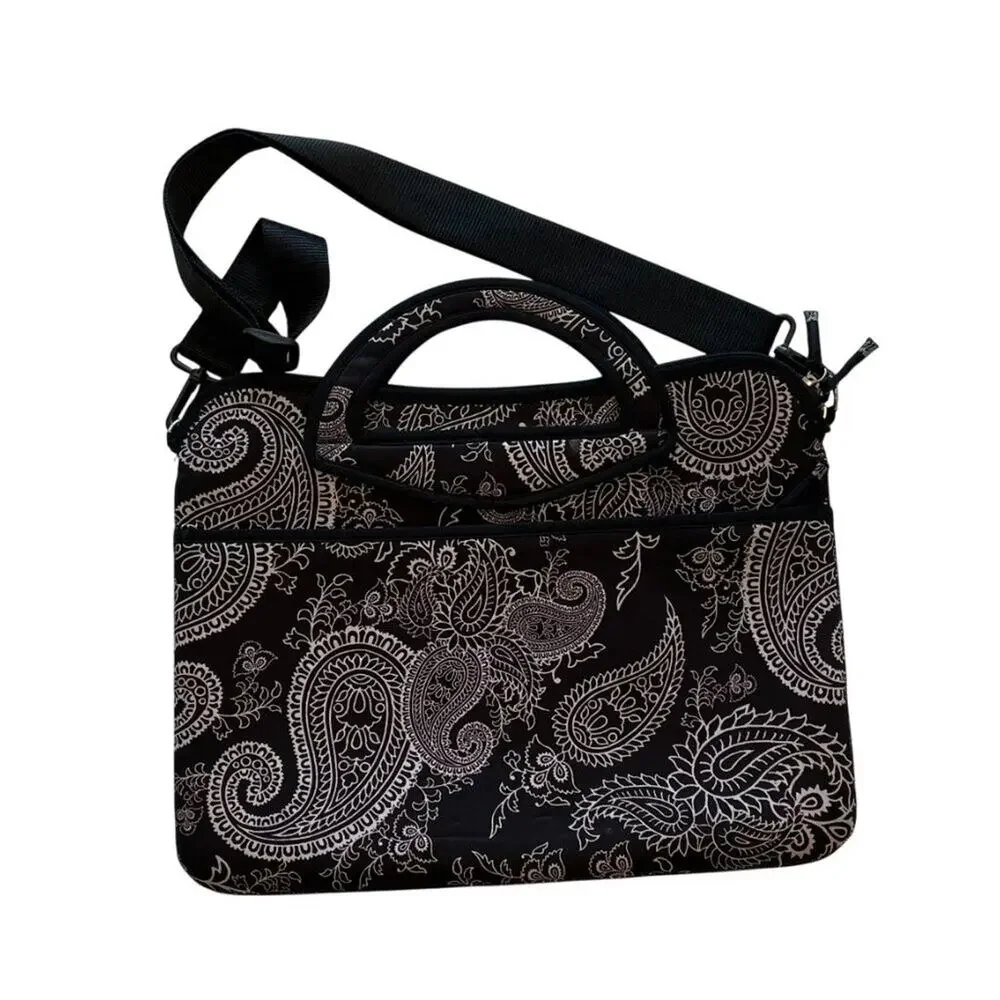 i.e. Neoprene Laptop Messenger Bag Removable Strap, Black, White, Pink Paisley